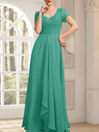 Vestido de madre de la novia de gasa con encaje, corte en A, escote corazón, largo hasta el suelo, con volantes en cascada y cuentas