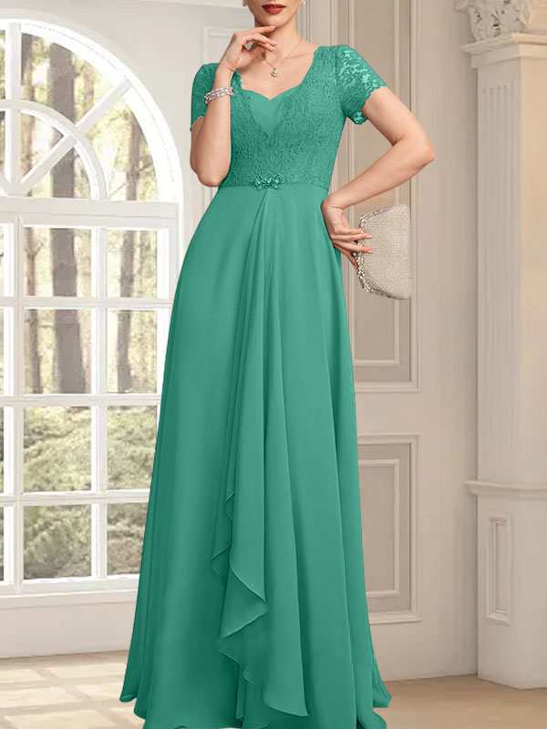 Vestido de madre de la novia de gasa con encaje, corte en A, escote corazón, largo hasta el suelo, con volantes en cascada y cuentas
