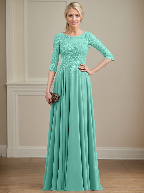 Vestido de gasa con encaje y lentejuelas para madre de la novia, corte A, escote ilusión, largo hasta el suelo