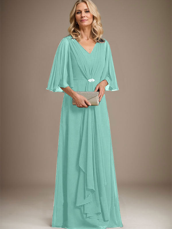 Vestido de gasa para madre de la novia, corte A, escote en V, largo hasta el suelo, con volantes en cascada y broche de cristal