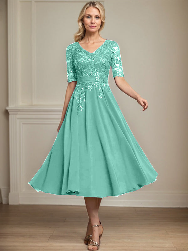 Vestido de gasa con encaje y lentejuelas para madre de la novia, corte A, escote en V y largo hasta la rodilla