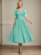 Vestido de gasa con encaje y lentejuelas para madre de la novia, corte A, escote en V y largo hasta la rodilla