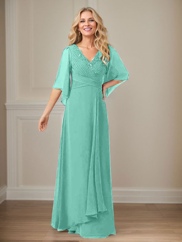 A-Linie V-Ausschnitt Lange Pailletten Chiffon Mutterkleid