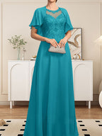 Vestido de gasa con encaje y lentejuelas para madre de la novia, corte A, escote ilusión, largo hasta el suelo