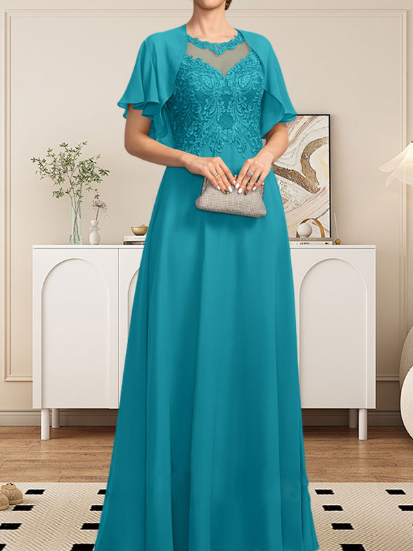 Vestido de gasa con encaje y lentejuelas para madre de la novia, corte A, escote ilusión, largo hasta el suelo