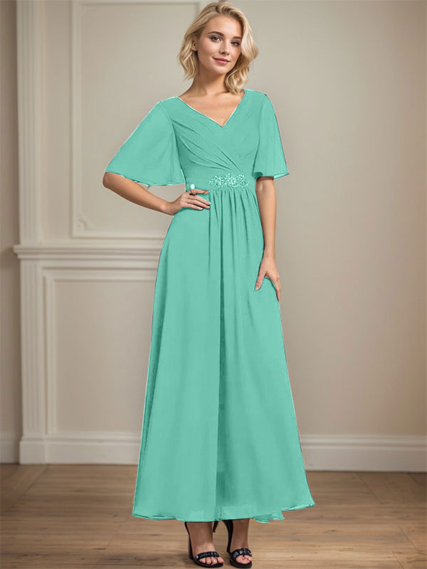 Vestido de gasa para madre de la novia con escote en V, largo hasta los tobillos, corte A y lentejuelas plisadas con cuentas