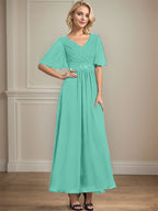 Vestido de gasa para madre de la novia con escote en V, largo hasta los tobillos, corte A y lentejuelas plisadas con cuentas