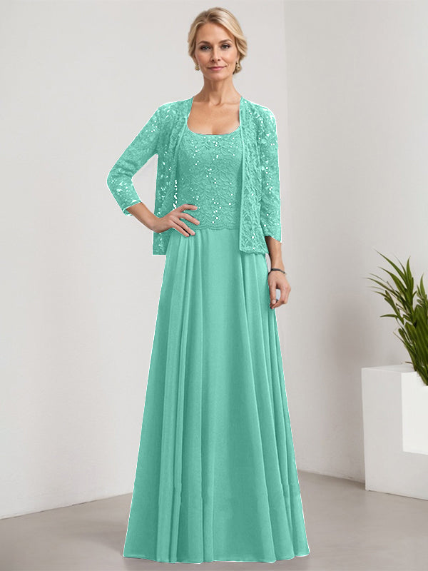 Vestido de madre de la novia de gasa con encaje, corte A, largo hasta el suelo, cuadrado y lentejuelas