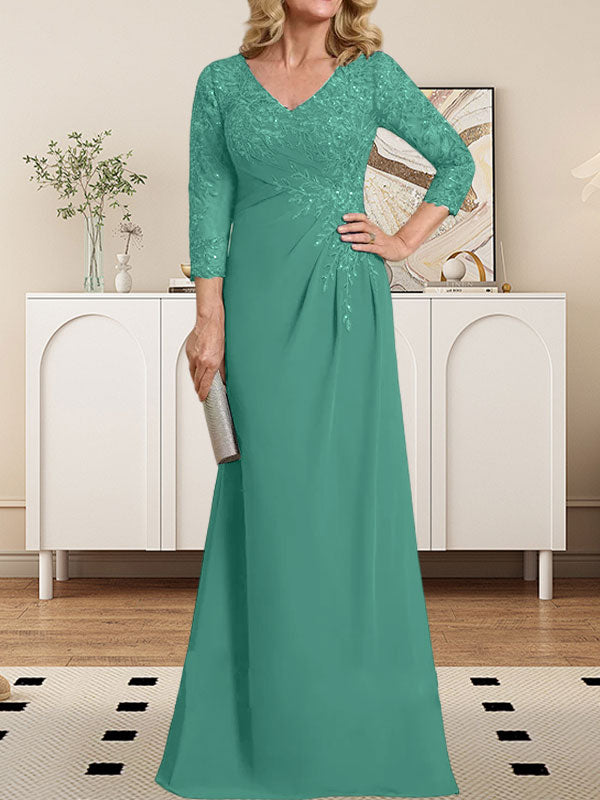 Vestido de madre de la novia de gasa con encaje, escote en V, ilusión, largo hasta el suelo, con lentejuelas plisadas
