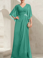 Vestido de gasa para madre de la novia, con escote en V, largo hasta el suelo, con lentejuelas plisadas y abalorios