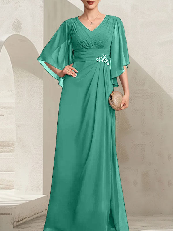 Etui-Linie/Säule V-Ausschnitt Bodenlang Chiffon Kleid für die Brautmutter mit Plissee Pailletten Perlenbesatz