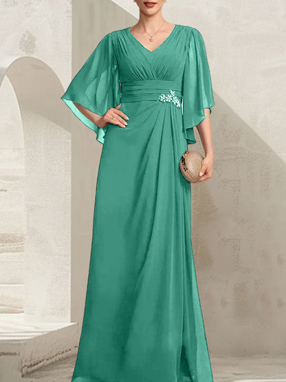 Etui-Linie/Säule V-Ausschnitt Bodenlang Chiffon Kleid für die Brautmutter mit Plissee Pailletten Perlenbesatz