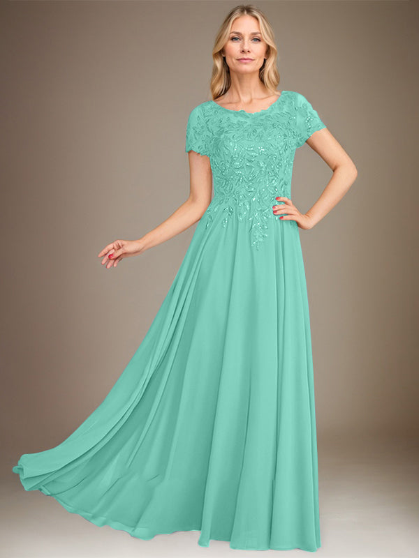 Vestido de gasa para madre de la novia, corte A, largo hasta el suelo, con apliques y lentejuelas