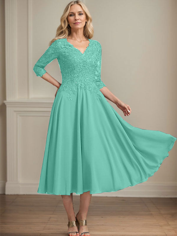 A-Linie V-Ausschnitt Wadenlanges Chiffon-Spitzenkleid für die Brautmutter mit Perlen und Pailletten 