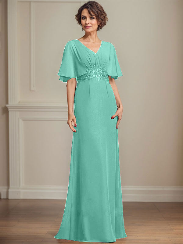 A-Linie V-Ausschnitt Bodenlanges Chiffonkleid für die Brautmutter mit plissierten Paillettenapplikationen Spitze