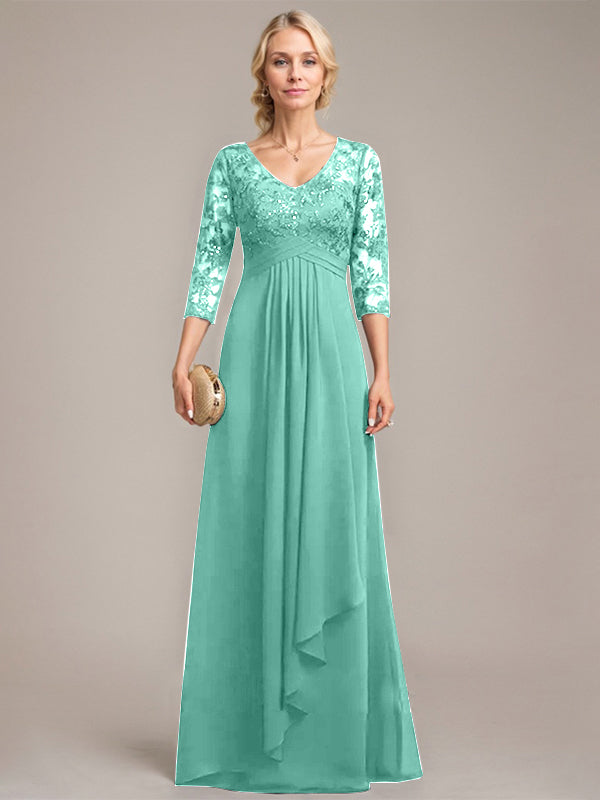 A-Linie V-Ausschnitt Bodenlanges Spitzen-Chiffon-Kleid für die Brautmutter mit kaskadierenden Rüschen und Pailletten 