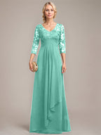 A-Linie V-Ausschnitt Bodenlanges Spitzen-Chiffon-Kleid für die Brautmutter mit kaskadierenden Rüschen und Pailletten 
