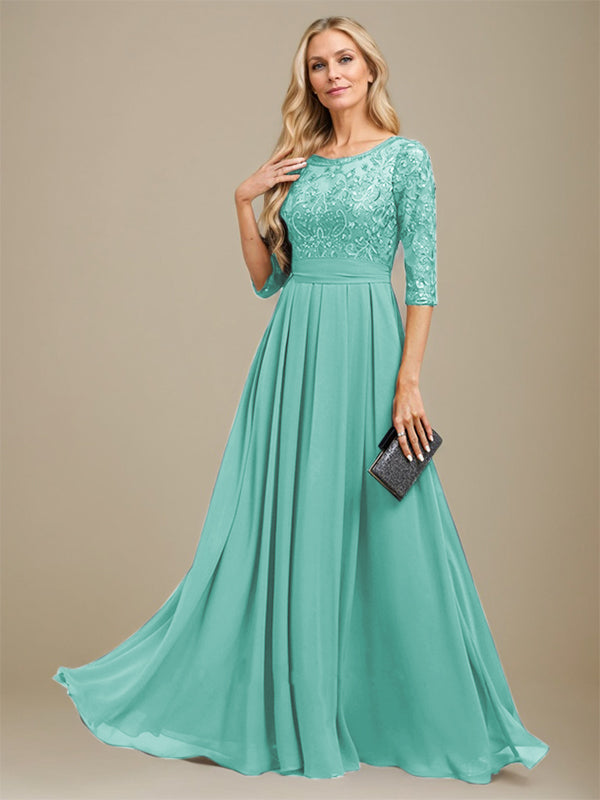 Vestido de madre de la novia de gasa con encaje, corte A, largo hasta el suelo y apliques de lentejuelas