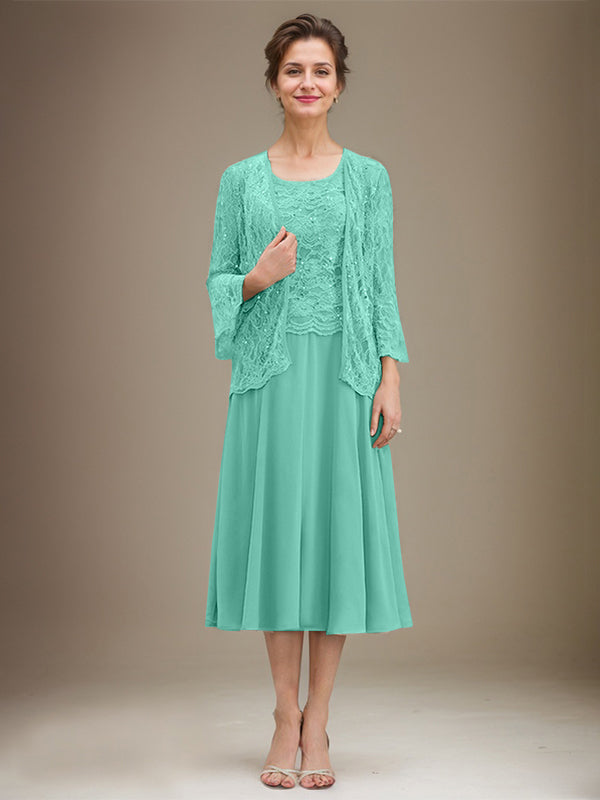 Vestido de gasa con encaje y lentejuelas para madre de la novia, corte A, escote redondo y largo hasta la rodilla