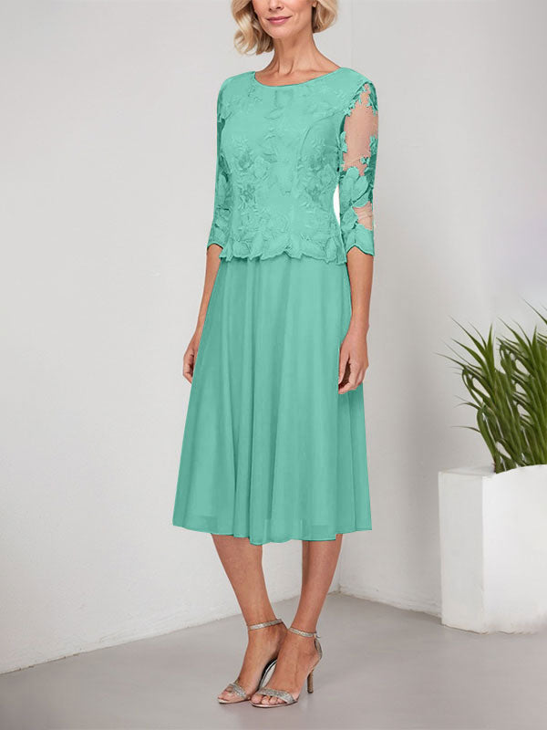 Vestido de gasa con encaje y bordado para madre de la novia, corte A, escote redondo y largo hasta la rodilla