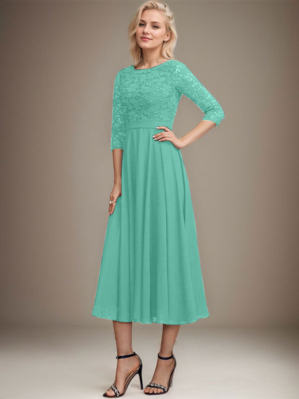 Vestido de gasa con encaje y lentejuelas para madre de la novia, corte A, escote redondo y largo hasta la rodilla