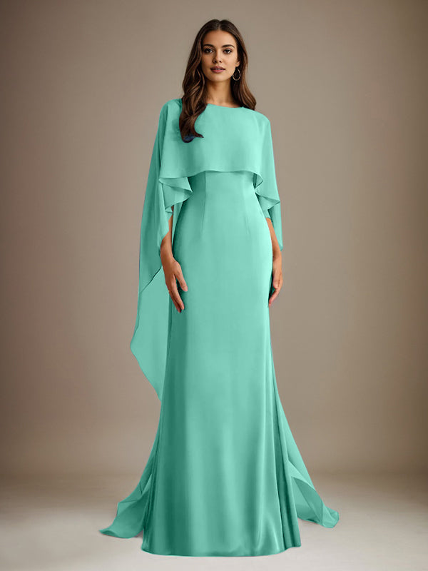 Vestido de gasa para madre de la novia, largo hasta el suelo, con escote barco y corte tubo/columna y volantes en cascada