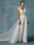 Wedding Dresses With Detachable Train Bride Pants Suit Lace Appliqued Sleeveless Women Brides Outfits Backless Custom-payinti