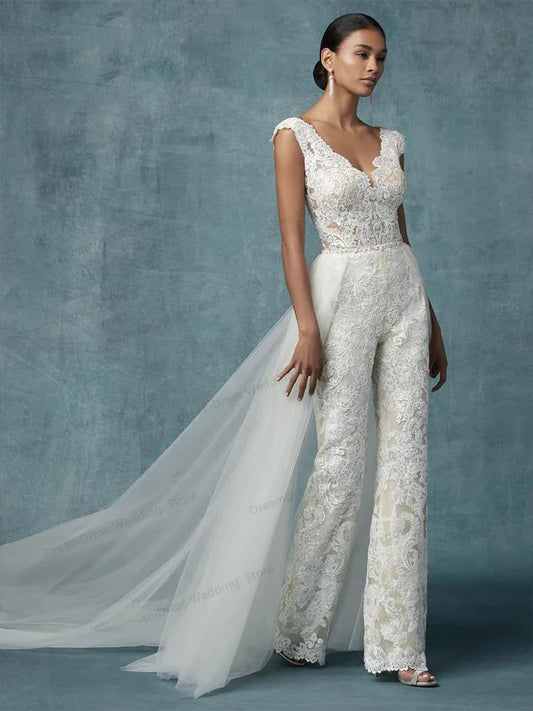 Wedding Dresses With Detachable Train Bride Pants Suit Lace Appliqued Sleeveless Women Brides Outfits Backless Custom-payinti