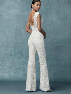 Wedding Dresses With Detachable Train Bride Pants Suit Lace Appliqued Sleeveless Women Brides Outfits Backless Custom-payinti