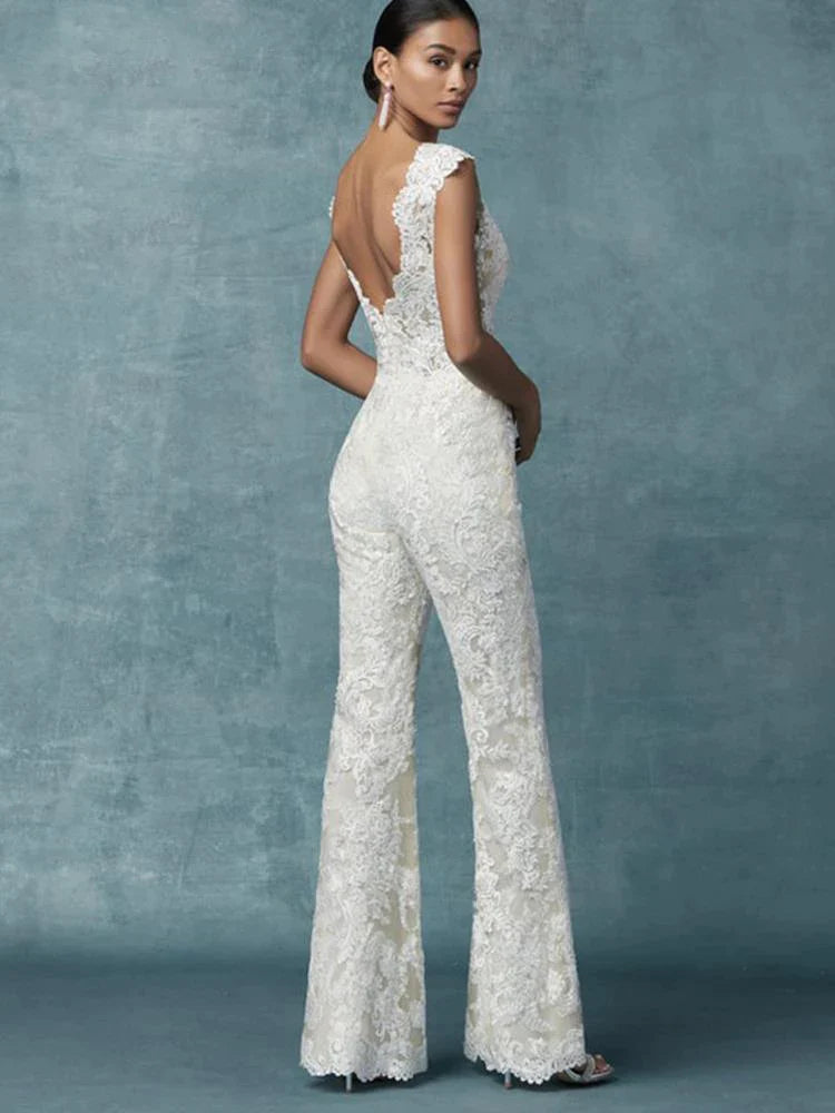 Wedding Dresses With Detachable Train Bride Pants Suit Lace Appliqued Sleeveless Women Brides Outfits Backless Custom-payinti