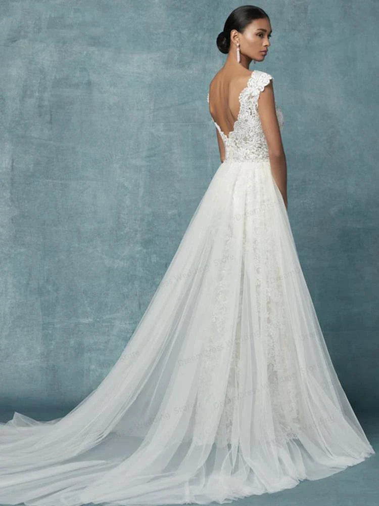 Wedding Dresses With Detachable Train Bride Pants Suit Lace Appliqued Sleeveless Women Brides Outfits Backless Custom-payinti