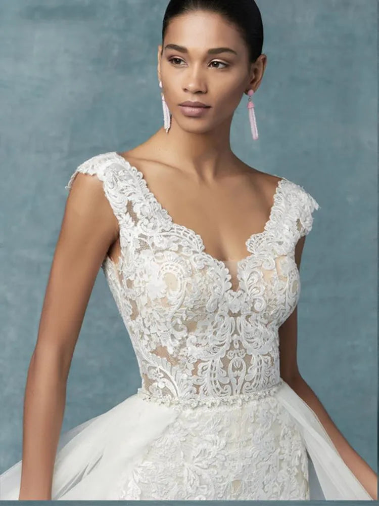 Wedding Dresses With Detachable Train Bride Pants Suit Lace Appliqued Sleeveless Women Brides Outfits Backless Custom-payinti
