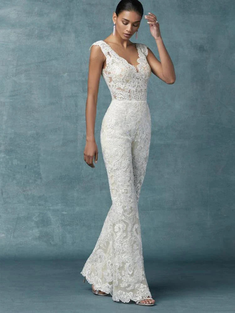 Wedding Dresses With Detachable Train Bride Pants Suit Lace Appliqued Sleeveless Women Brides Outfits Backless Custom-payinti