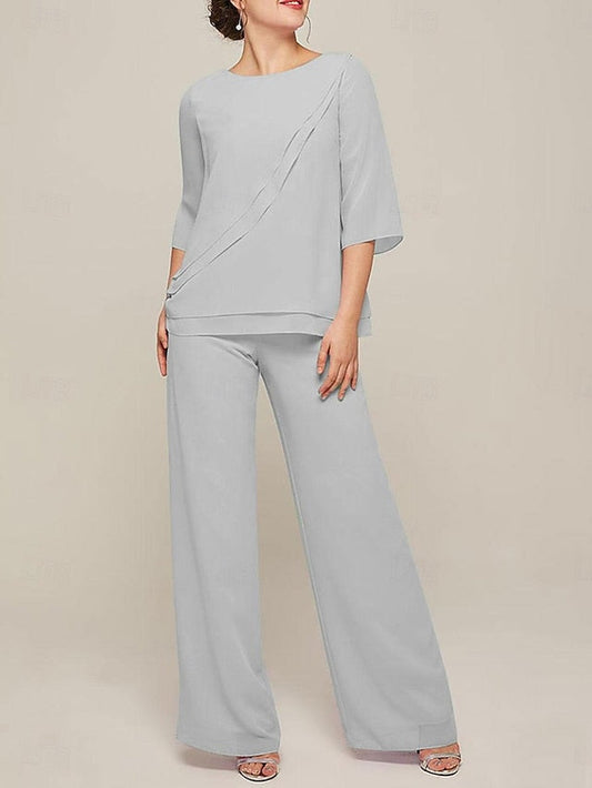 Jumpsuits mit U-Ausschnitt und halblangen Ärmeln, Chiffon-Hosenanzüge für die Brautmutter mit Rüschen 