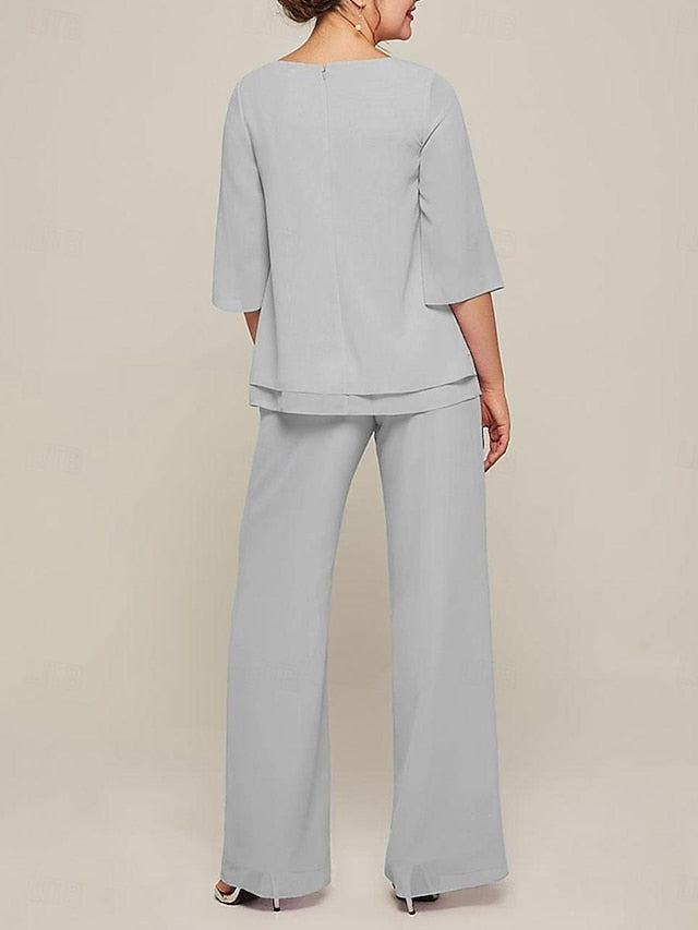 Jumpsuits mit U-Ausschnitt und halblangen Ärmeln, Chiffon-Hosenanzüge für die Brautmutter mit Rüschen 