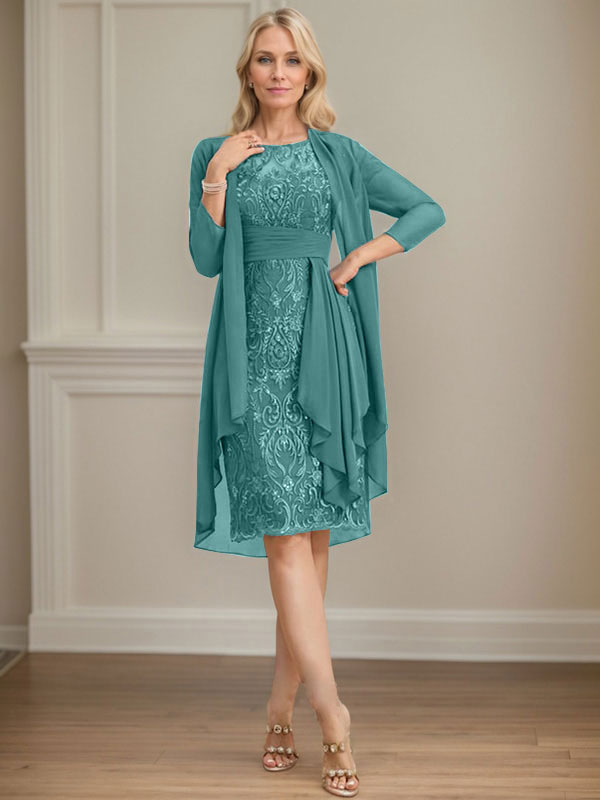 Vestido de madre de la novia de gasa con encaje, escote redondo, ilusión, largo hasta la rodilla, con volantes en cascada y lentejuelas