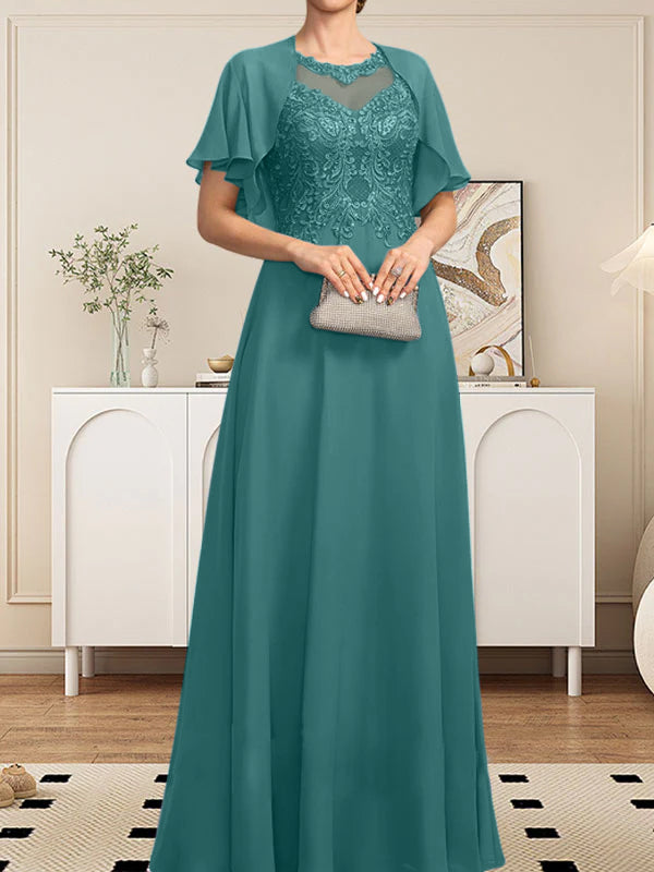 Vestido de gasa con encaje y lentejuelas para madre de la novia, corte A, escote ilusión, largo hasta el suelo