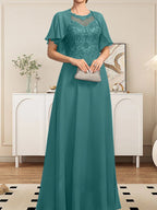 Vestido de gasa con encaje y lentejuelas para madre de la novia, corte A, escote ilusión, largo hasta el suelo