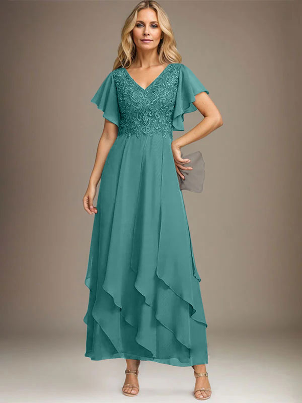 Vestido de gasa con encaje y escote en V hasta los tobillos para madre de la novia con volantes en cascada