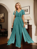 Vestido de noche de gasa con escote en V y largo hasta el suelo, tipo mono/pantalón