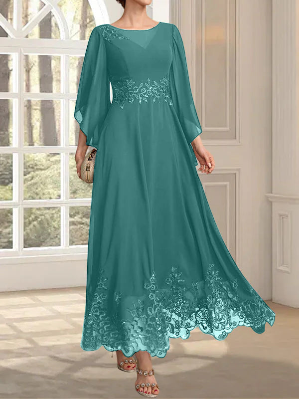 Vestido de gasa con encaje y lentejuelas para madre de la novia, corte A, escote ilusión, largo hasta los tobillos