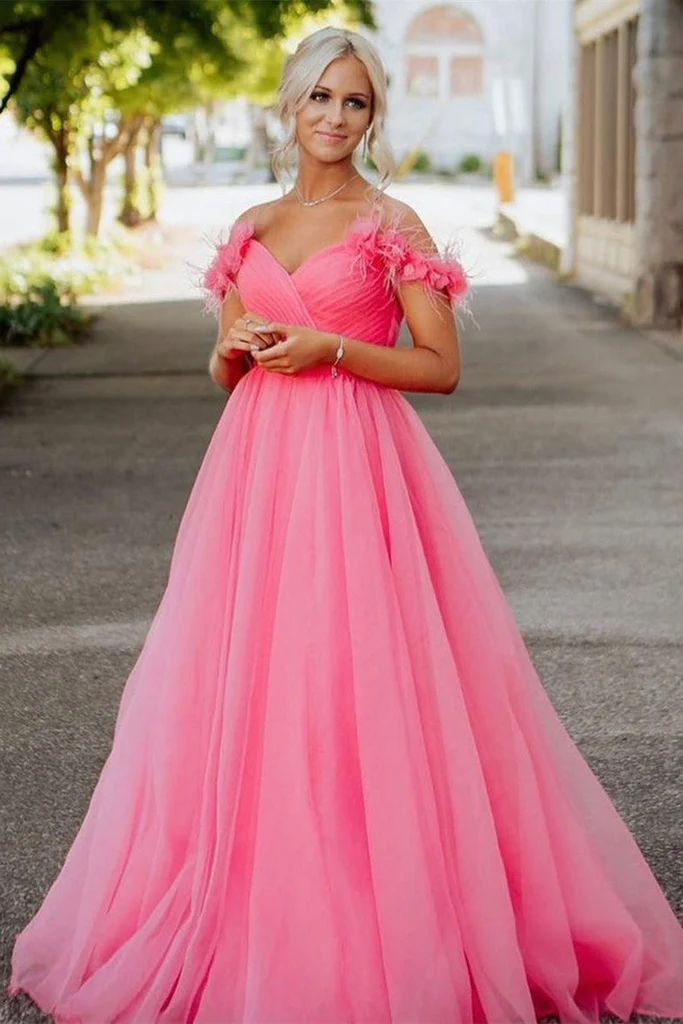Vestido de fiesta largo de tul rosa intenso con hombros descubiertos, vestido de noche formal de tul rosa intenso Y1493