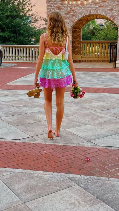 Women Shiny Sequin Sparkle Homecoming Dress Sleeveless Glitter Layered Rainbow Ruffle Dress Party Club Night Dress Y2475
