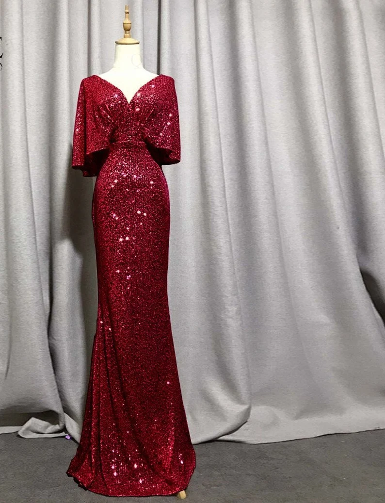 Vestido de noche sexy de sirena con escote en V y mangas cortas, elegante vestido de fiesta formal con mangas murciélago y purpurina Y1390