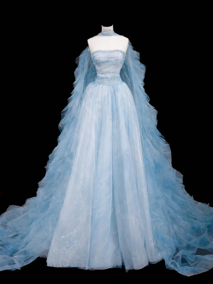 Vestido de fiesta largo de tul azul de ensueño con cuentas y corte A, vestido de noche Y8691