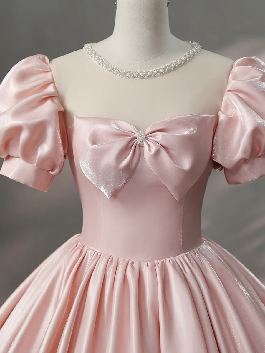 Hermoso vestido de fiesta de satén rosa con escote redondo, largo hasta el suelo, corte A, manga corta y lazo Y6082