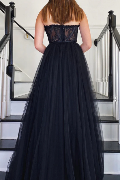 Trägerloses schwarzes Spitzen-Tüll-Langballkleid, schwarzes Spitzen-Formalkleid, schwarzes Abendkleid Y205