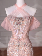 Vestido de noche largo estilo sirena con cuello halter, lentejuelas y cuentas de tul, color rosa, Y8620