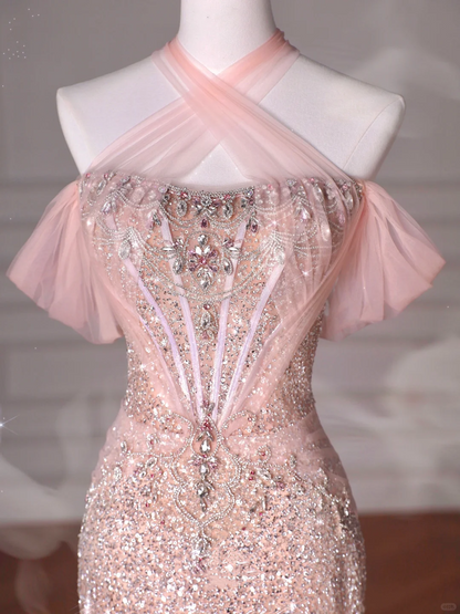 Vestido de noche largo estilo sirena con cuello halter, lentejuelas y cuentas de tul, color rosa, Y8620