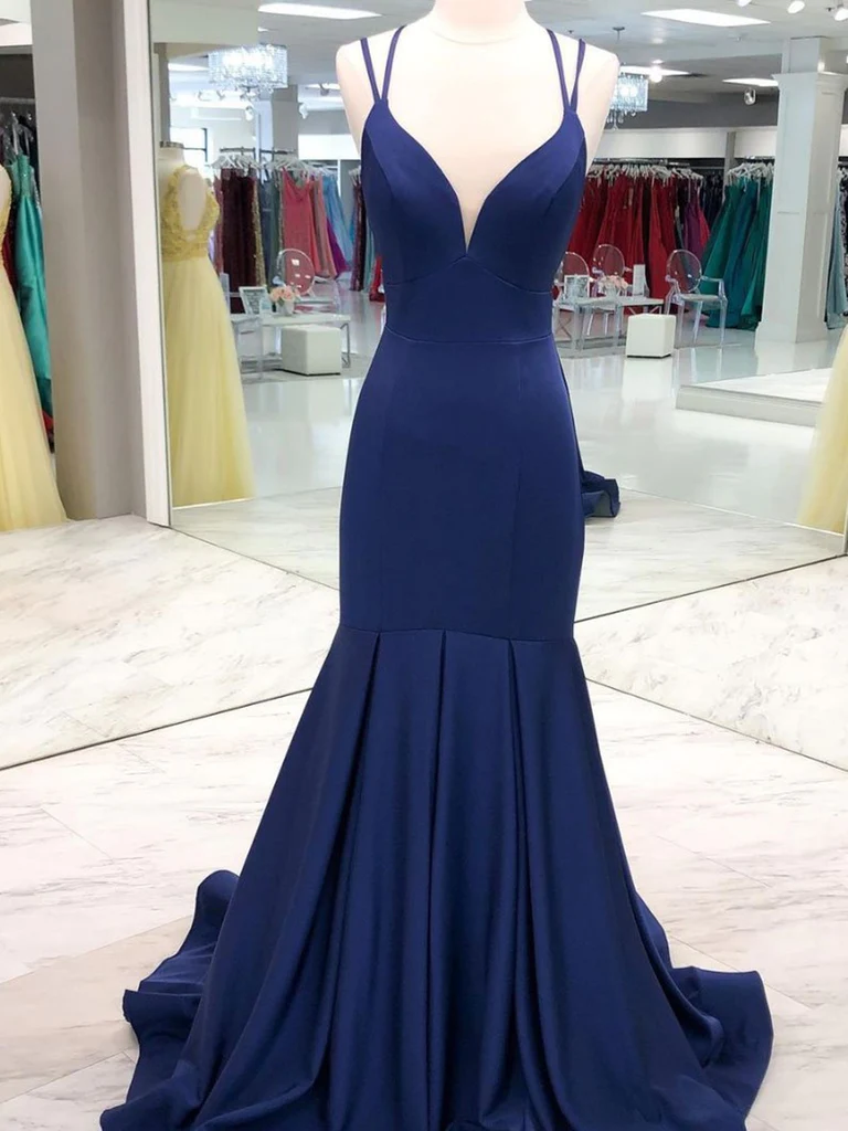 Vestidos de fiesta azul marino oscuro con escote en V y corte sirena, vestidos de noche formales largos azul marino Y234